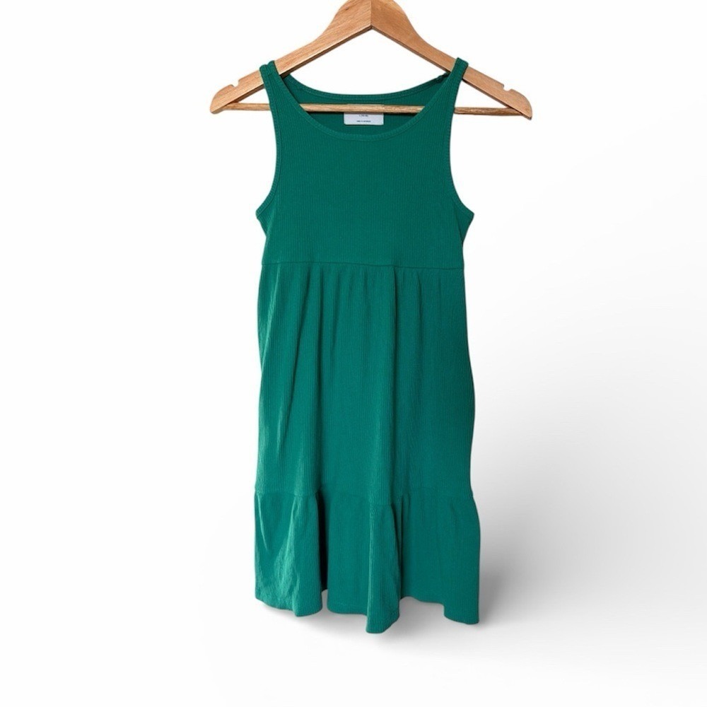 Old Navy Tiered Tank Dress Girls L 10-12 Green Ribbed Knit Sleeveless Scoop Neck